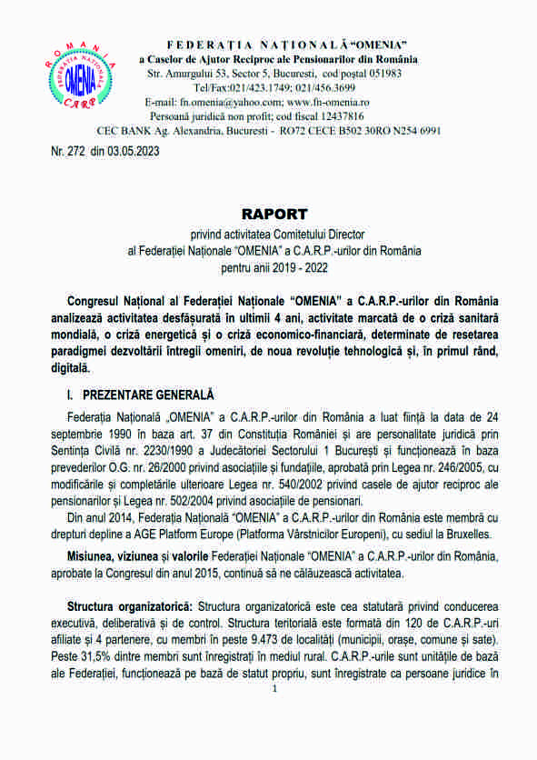 RAPORT privind activitatea Comitetului Director al Federației Naționale “OMENIA” a C.A.R.P.-urilor din România pentru anii 2019 - 2022